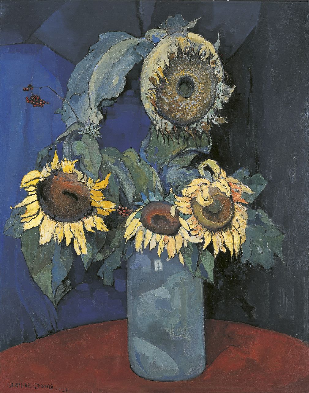 Jong G. de | Gerben 'Germ' de Jong, Sunflowers in a blue vase, Öl auf Leinwand 98,8 x 78,9 cm, signed l.l. und dated 1921