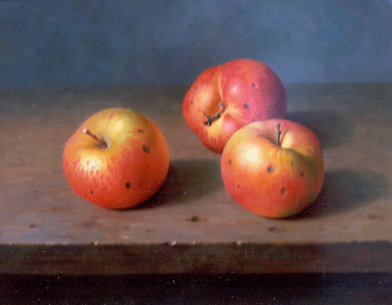 Bubarnik G.  | Gyula Bubarnik, Apples on a wooden table, Kupfer 24,0 x 31,0 cm, signed l.r.
