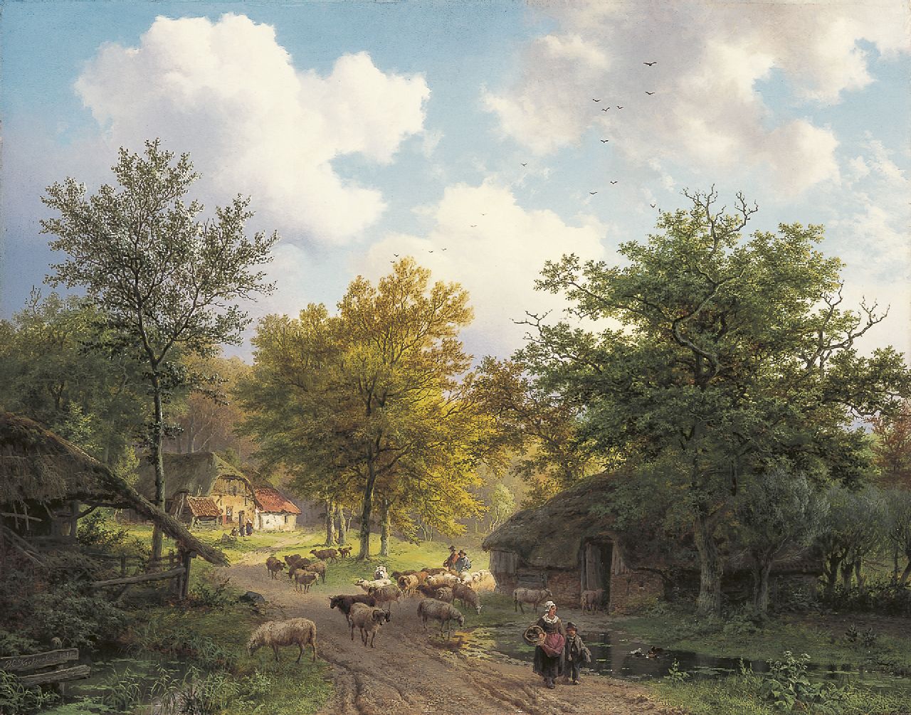 Koekkoek B.C.  | Barend Cornelis Koekkoek, Waldlandschaft mit Bauernhütten und Herde in der Nähe eines Schafstalles, Öl auf Holz 39,5 x 50,0 cm, Unterzeichnet l.u. und datiert 1851