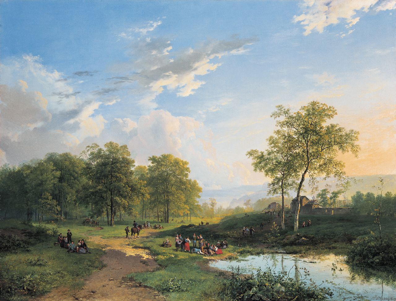 Koekkoek B.C.  | Barend Cornelis Koekkoek, An elegant company in a river landscape, Öl auf Leinwand 56,3 x 74,0 cm, Unterzeichnet r.u. und datiert 1831