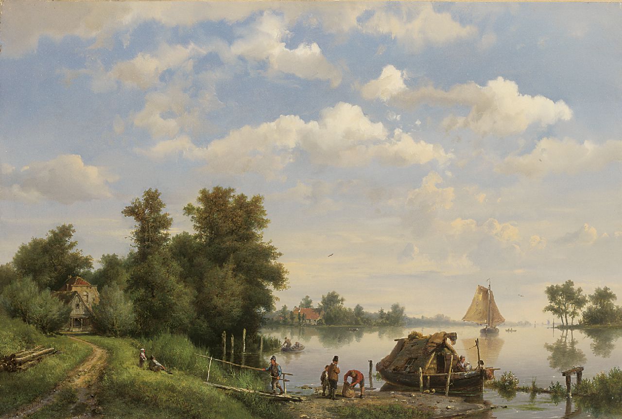 Koekkoek H.  | Hermanus Koekkoek, A calm river with ships and a moored houseboat, Öl auf Leinwand 38,4 x 56,8 cm, signed l.l. und dated 1863