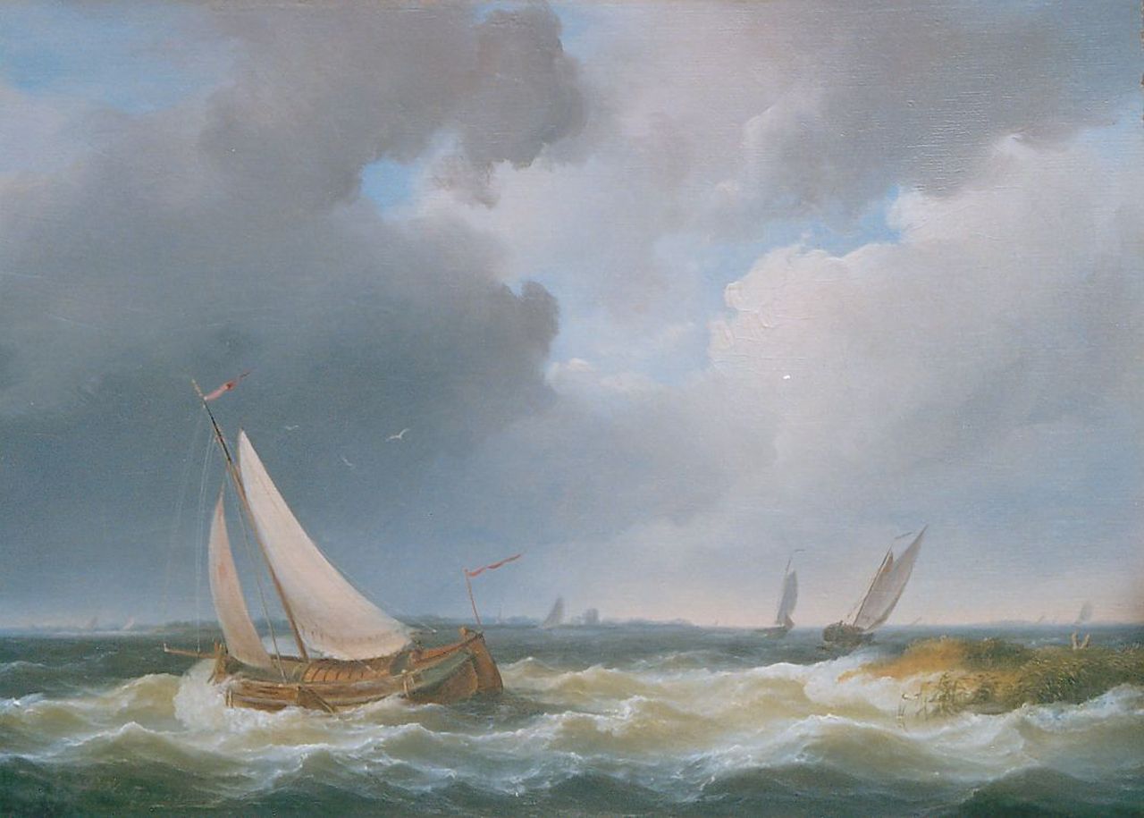 Thomas P.H.  | Pieter Hendrik Thomas, Sailing vessels on choppy waters, Öl auf Holz 24,2 x 33,9 cm, signed l.l. und indistinctly dated