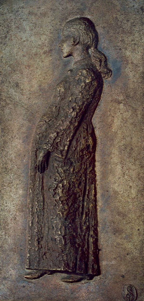 Starreveld P.  | Pieter Starreveld, Schwangere Frau, Messing 40,0 x 20,4 cm, Unterzeichnet Mit Monogramm u.r.