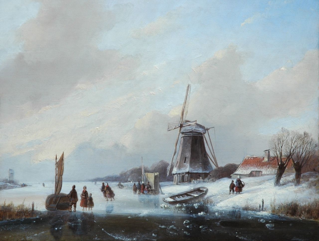 Spohler J.J.  | Jan Jacob Spohler, Skaters on a frozen waterway, a windmill in the distance, Öl auf Holz 26,8 x 34,0 cm, signed l.l.