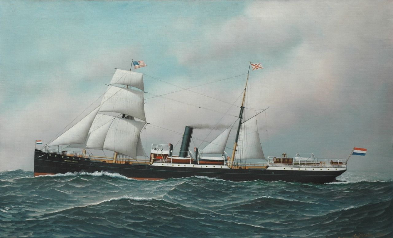 Jacobsen A.N.G.  | Antonio Nicolo Gasparo 'Anthony' Jacobsen, The steamer Oranje Nassau setting sail for America, Öl auf Leinwand 56,3 x 91,4 cm, signed l.r. und dated 1901