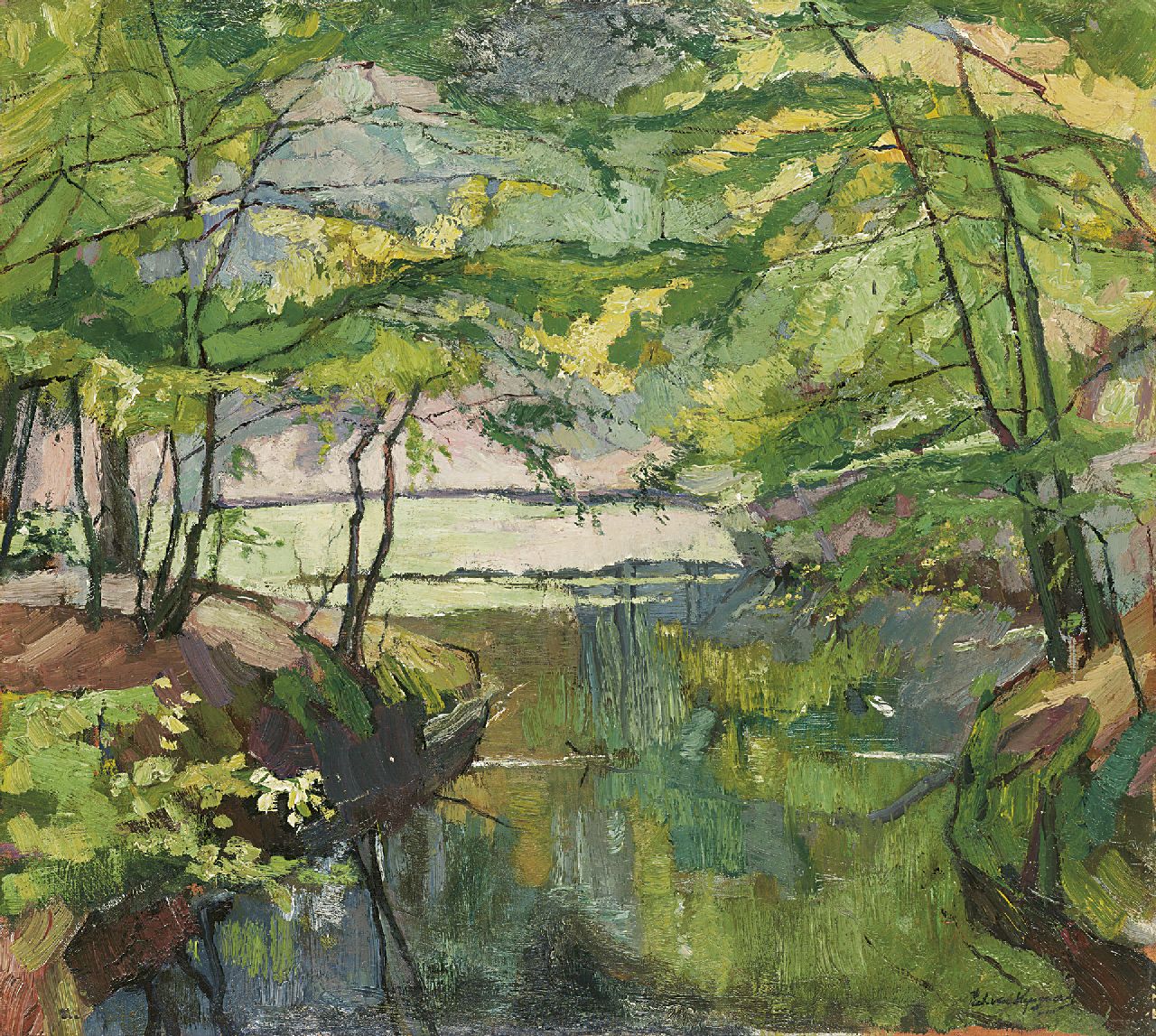 Wijngaerdt P.T. van | Petrus Theodorus 'Piet' van Wijngaerdt, A pond in the 'Baarnse bos', Öl auf Leinwand 55,1 x 61,2 cm, signed l.r.