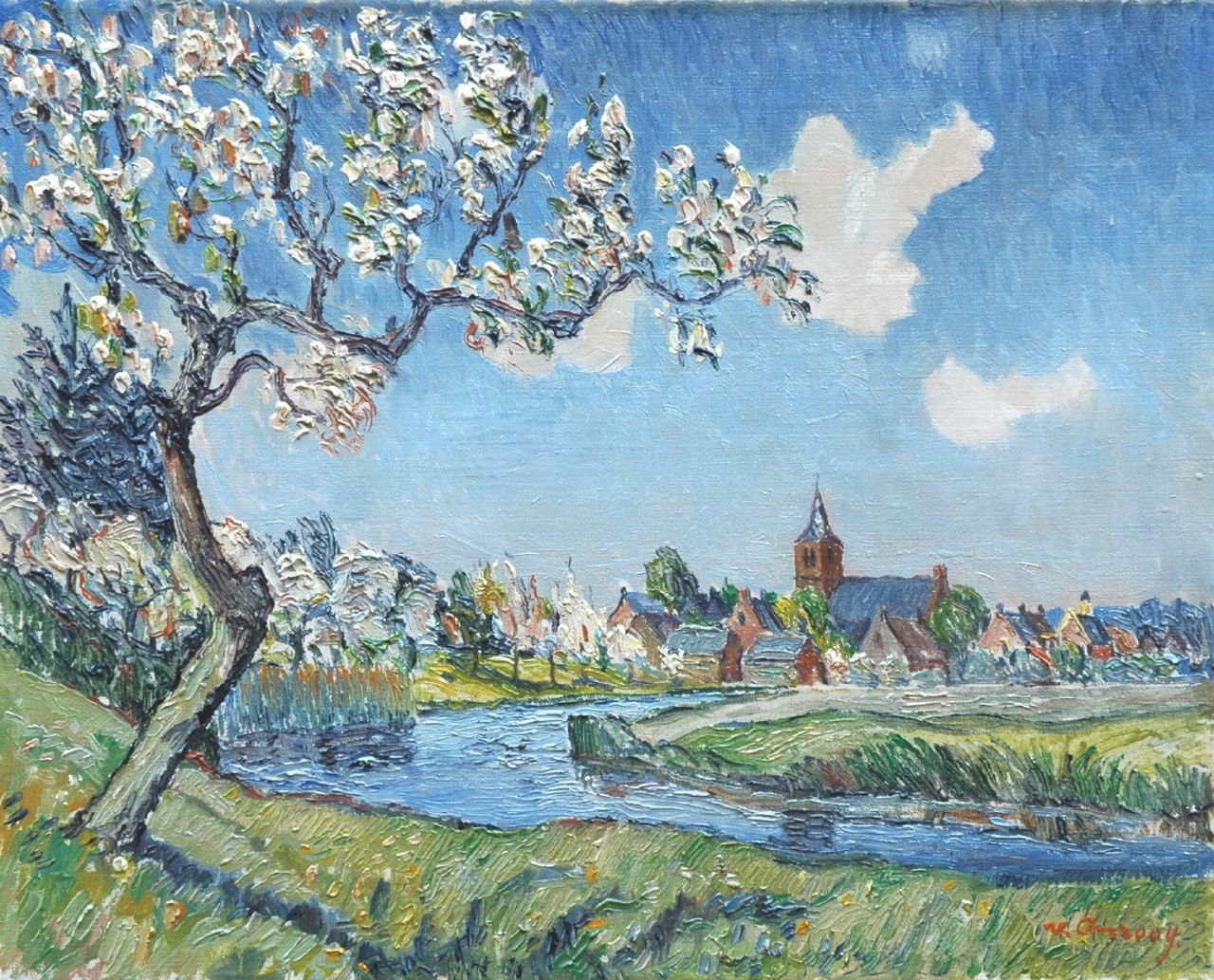 Anrooy J.A.M. van | 'Jan' Adriaan Marie van Anrooy, A view of 'Deil aan de Linge', Öl auf Leinwand 40,0 x 50,0 cm, signed l.r.