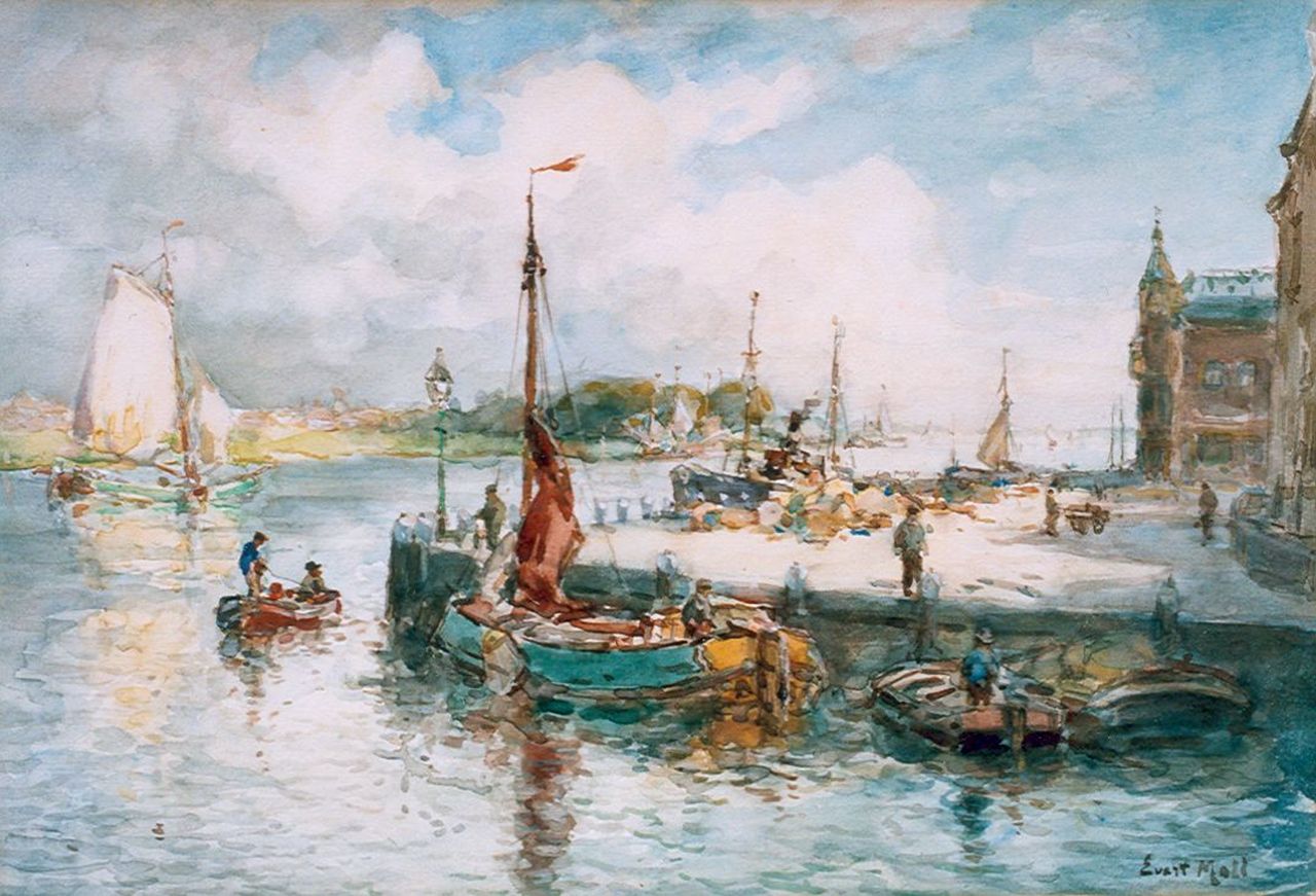 Moll E.  | Evert Moll, Daily activities on a quay, Dordrecht, Aquarell auf Papier 24,0 x 34,8 cm, signed l.r.