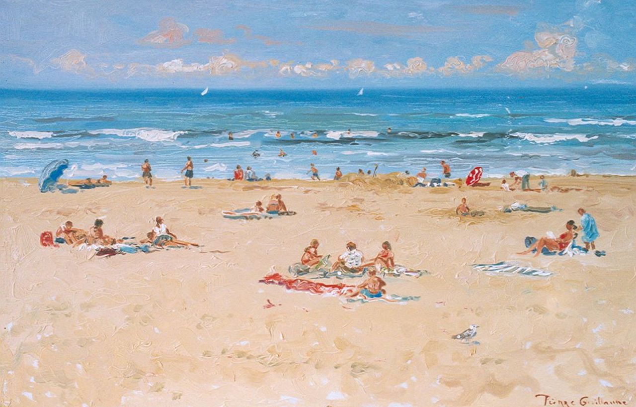 Guillaume P.  | Pierre Guillaume, Figures on the beach, Katwijk, Öl auf Holzfaser 39,4 x 61,0 cm, signed l.r. und dated 16 Aug. 2004 on the reverse