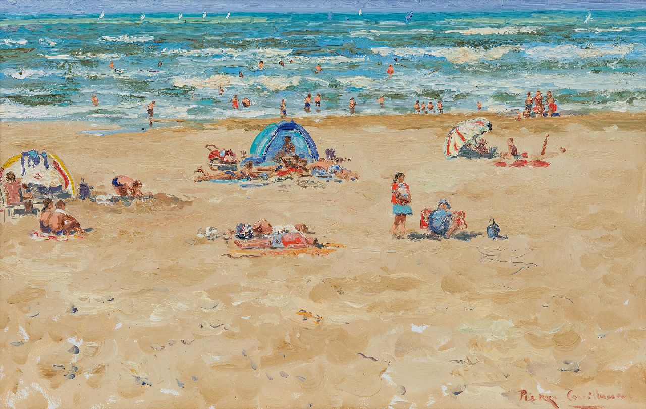 Guillaume P.  | Pierre Guillaume, Mutterliebe auf dem Strand, Öl auf Holzfaser 39,4 x 61,0 cm, Unterzeichnet r.u. und Im Verso datiert 28. Aug 2004