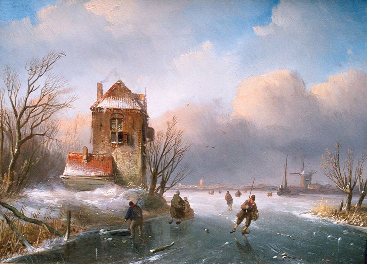 Spohler J.J.  | Jan Jacob Spohler, Skaters on a frozen waterway, Öl auf Holz 18,9 x 25,4 cm, signed l.l.