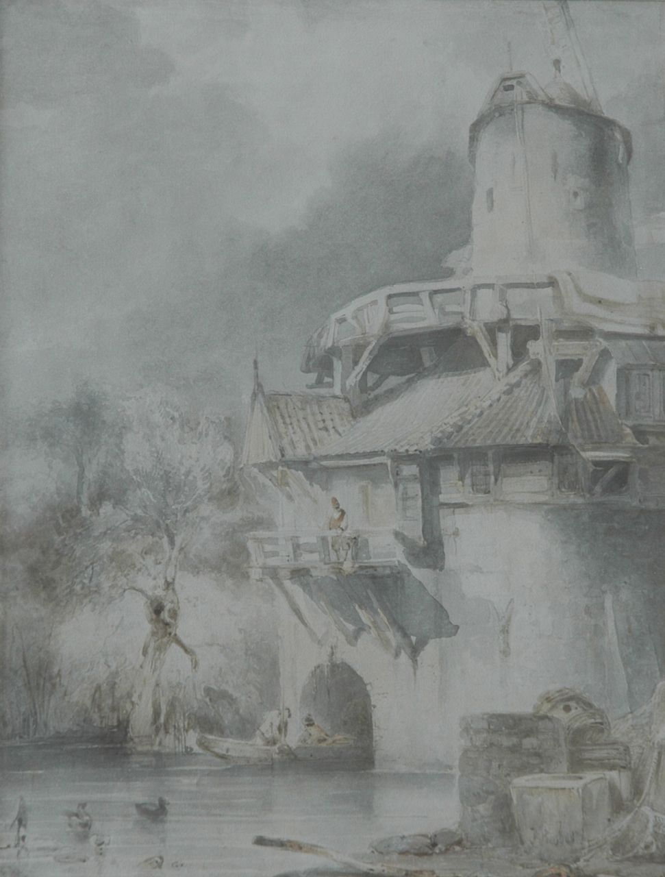 Bosboom J.  | Johannes Bosboom, A watermill near Leuven, Sepia auf Papier 28,6 x 21,3 cm, signed l.r.