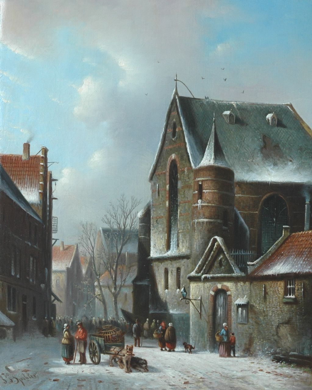 Spohler J.F.  | Johannes Franciscus Spohler, A village square in winter, Öl auf Leinwand 44,0 x 35,0 cm, signed l.l.