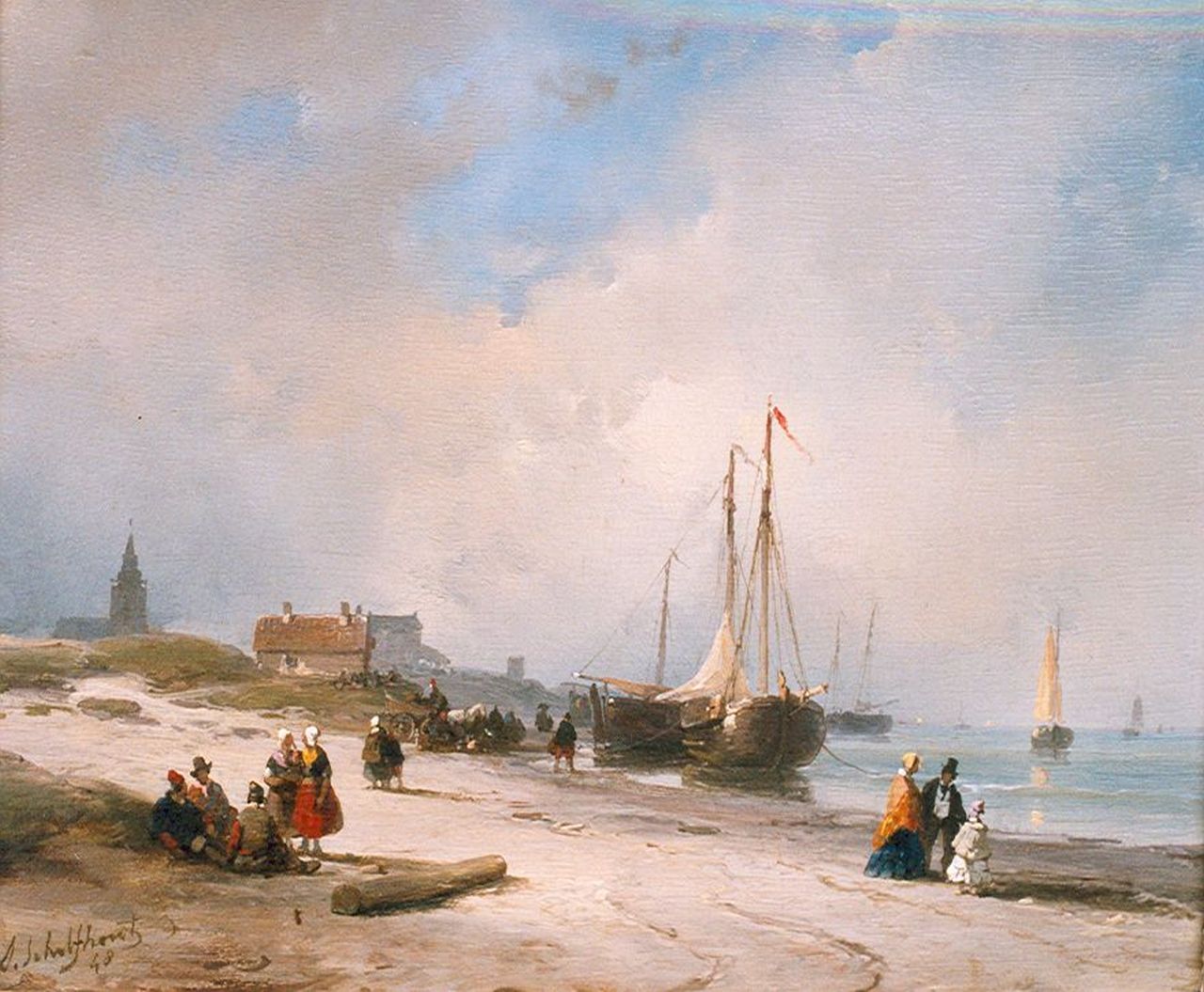 Schelfhout A.  | Andreas Schelfhout, Fisherfolk and elegant strollers on the beach, Scheveningen, Öl auf Holz 19,0 x 22,4 cm, signed l.l. und dated '48
