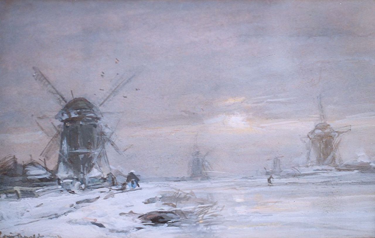 Apol L.F.H.  | Lodewijk Franciscus Hendrik 'Louis' Apol, A winter landscape with windmills along a canal, Gouache auf Papier 11,1 x 17,7 cm, signed l.l.