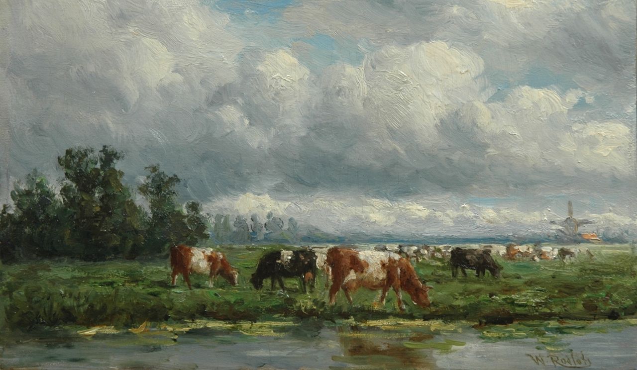 Roelofs W.  | Willem Roelofs, Cattle in a landscape, Öl auf Holz 15,0 x 25,0 cm, signed l.r.