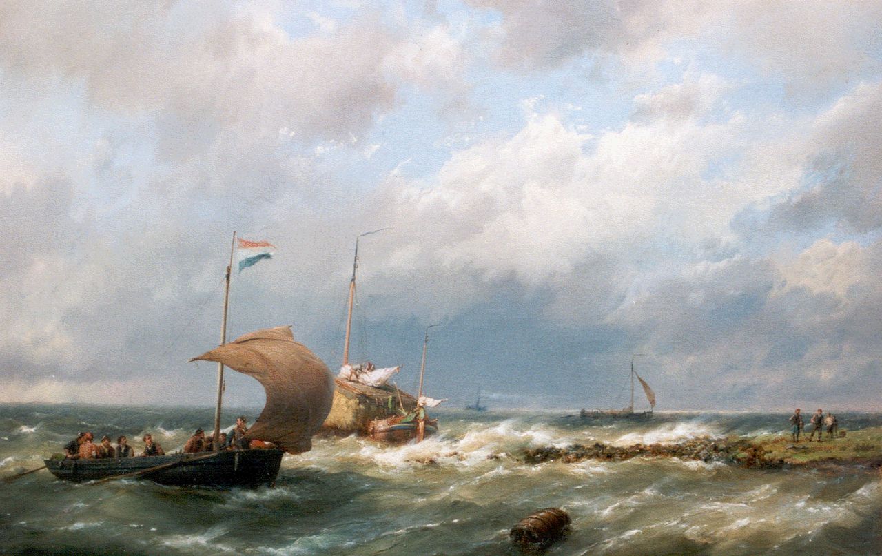 Koekkoek H.  | Hermanus Koekkoek, Vessels on a breezy day, Öl auf Leinwand 36,5 x 58,2 cm, signed l.r.
