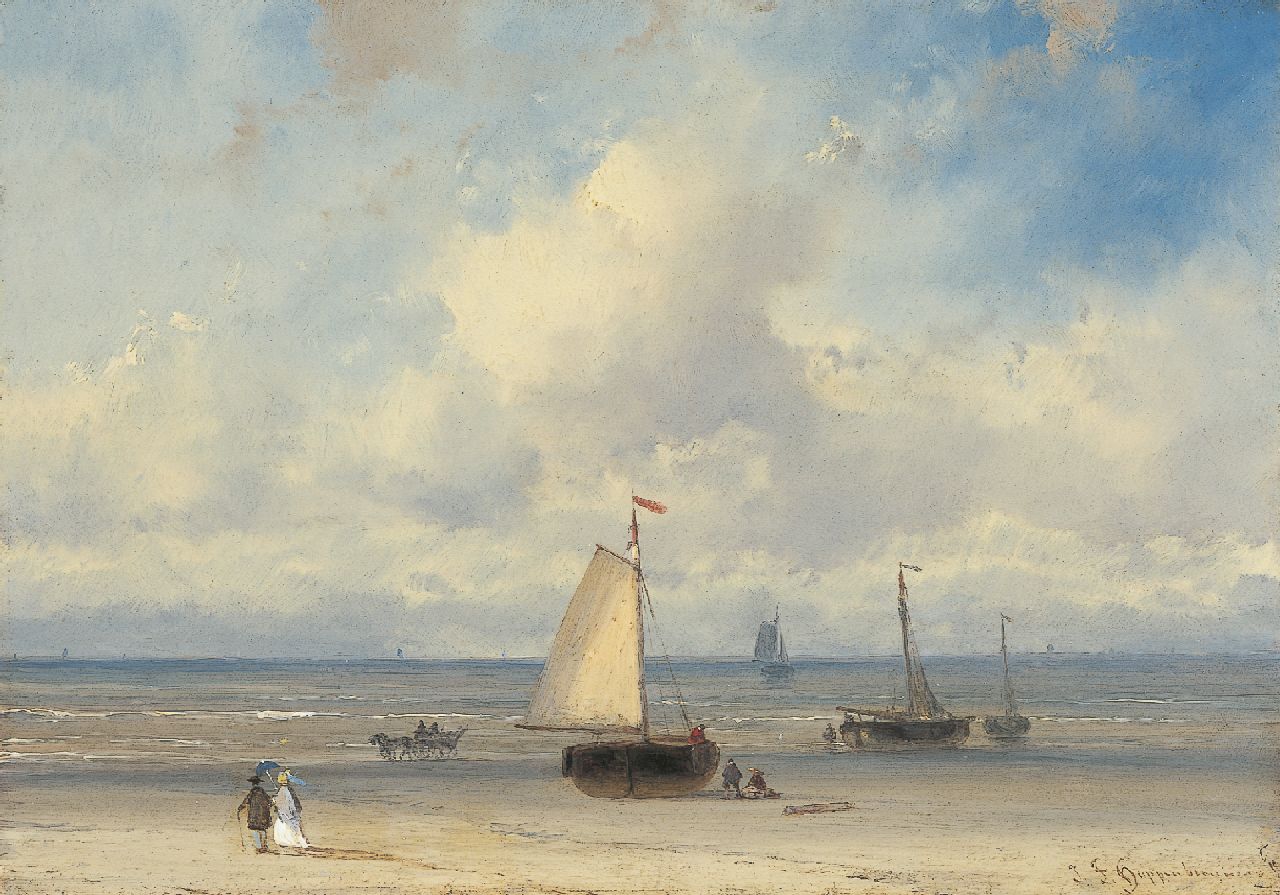 Hoppenbrouwers J.F.  | Johannes Franciscus Hoppenbrouwers, Elegant figures on the beach with 'bomschuiten' beyond, Öl auf Holz 16,1 x 22,8 cm, signed l.r.