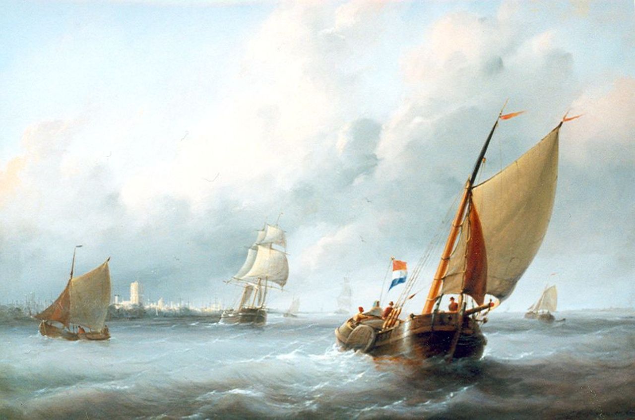 Christiaan Cornelis Kannemans | Sailing vessels on a breezy day near Brielle, Öl auf Holz, 50,7 x 69,1 cm, signed l.r.