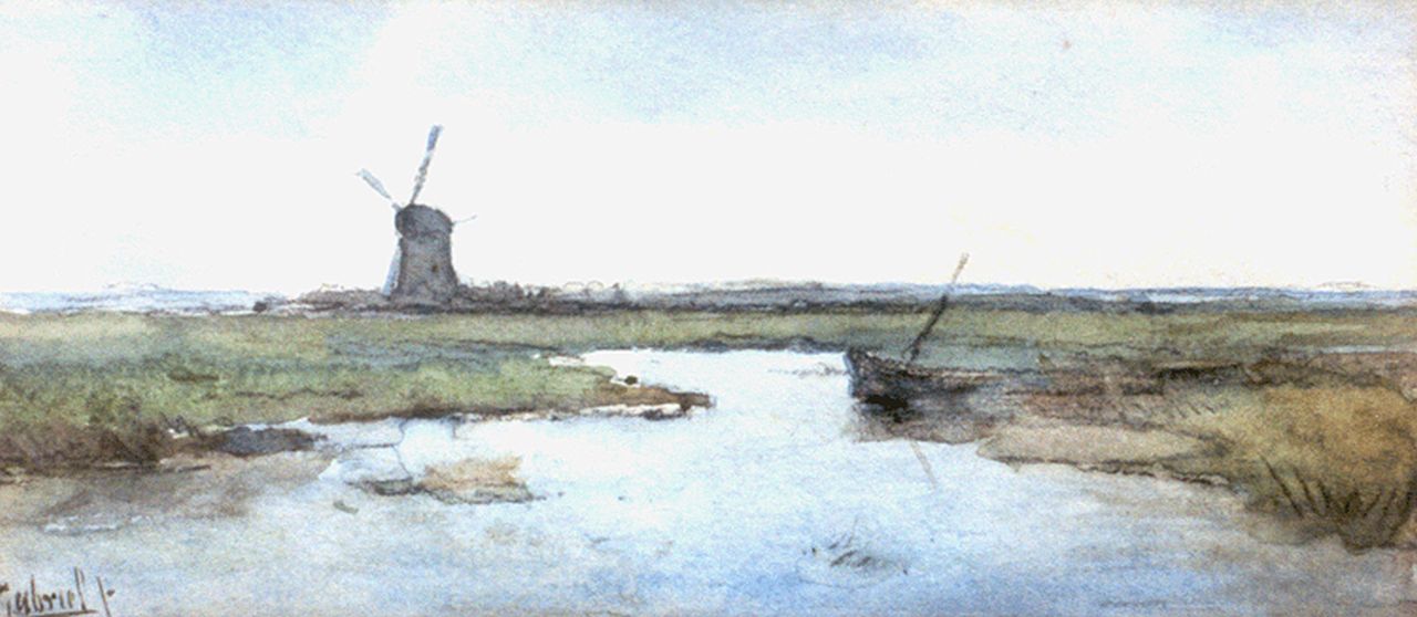 Gabriel P.J.C.  | Paul Joseph Constantin 'Constan(t)' Gabriel, A polder landscape with windmill, Aquarell auf Papier 7,5 x 16,5 cm, signed l.l. und painted circa 1899