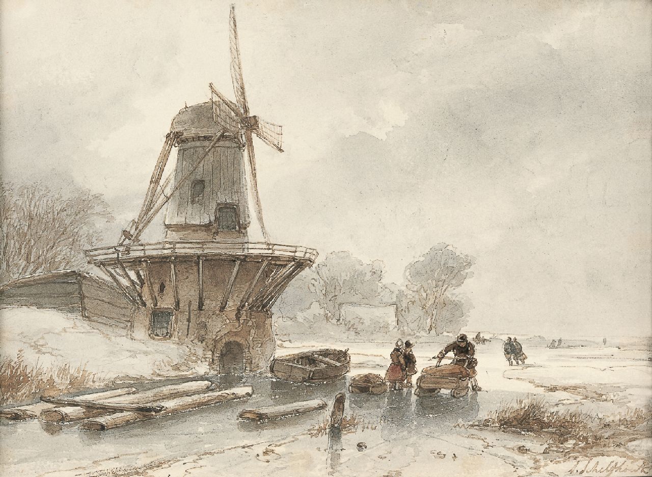 Schelfhout A.  | Andreas Schelfhout, A winter landscape with skaters on the ice, Aquarell auf Papier 15,0 x 20,0 cm, signed l.r.