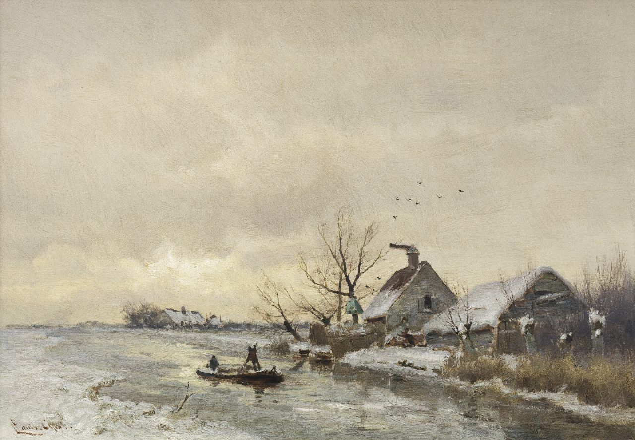 Apol L.F.H.  | Lodewijk Franciscus Hendrik 'Louis' Apol, Anblick auf einen Polderkanal im Winter, Öl auf Holz 29,1 x 41,5 cm, Unterzeichnet l.u.