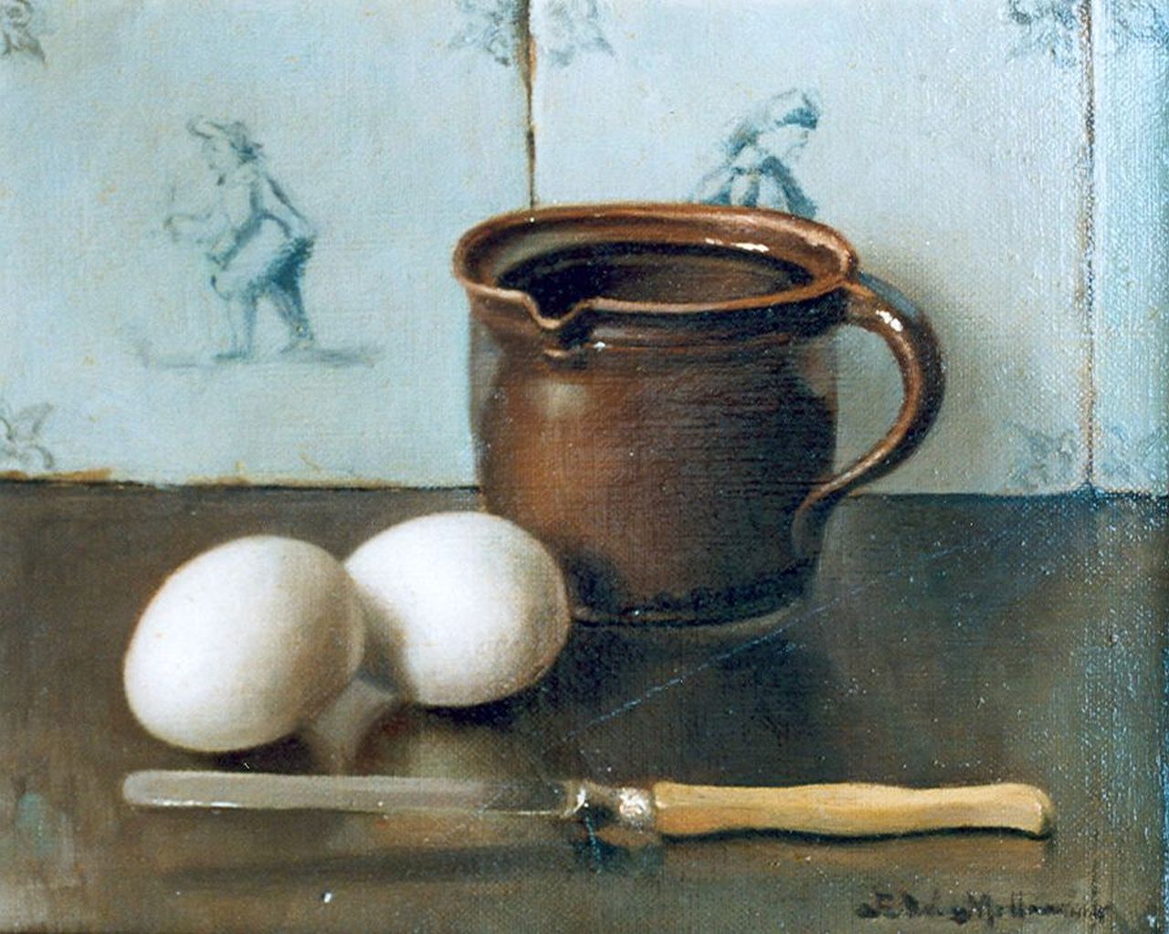 Millenaar P.W.  | Pieter Wilhelm Millenaar, A still life with eggs and a knife, Öl auf Leinwand 20,2 x 25,2 cm, signed l.r.