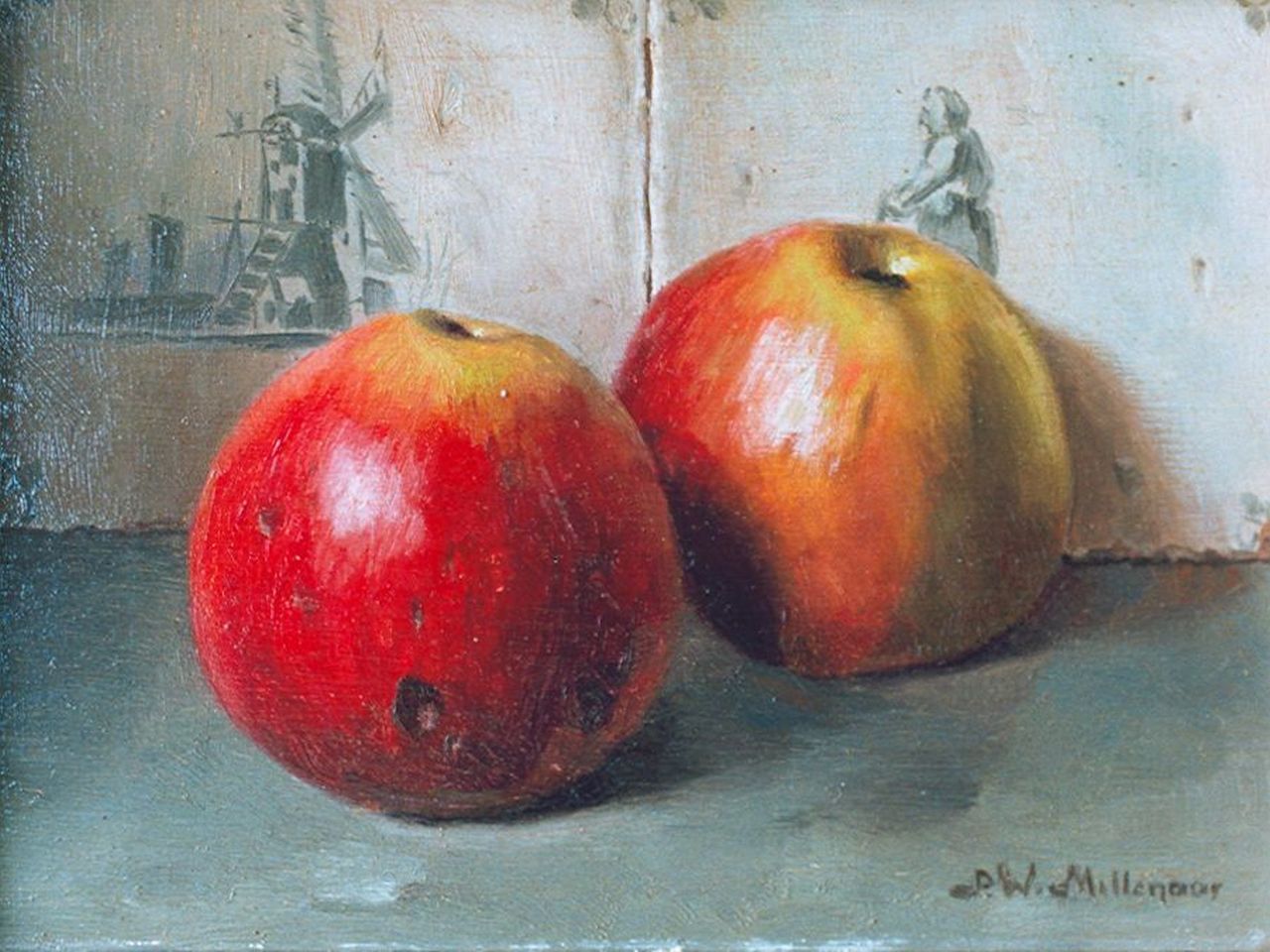 Millenaar P.W.  | Pieter Wilhelm Millenaar, Two apples, Öl auf Holz 18,3 x 24,2 cm, signed l.r.