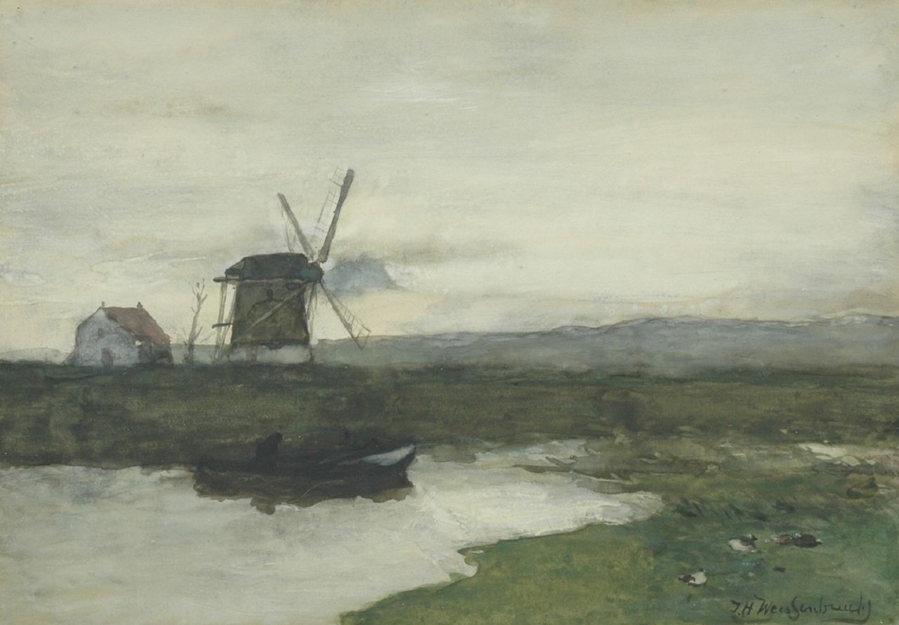 Weissenbruch H.J.  | Hendrik Johannes 'J.H.' Weissenbruch, A windmill in a polder landscape, Aquarell auf Papier 34,5 x 49,6 cm, signed l.r.