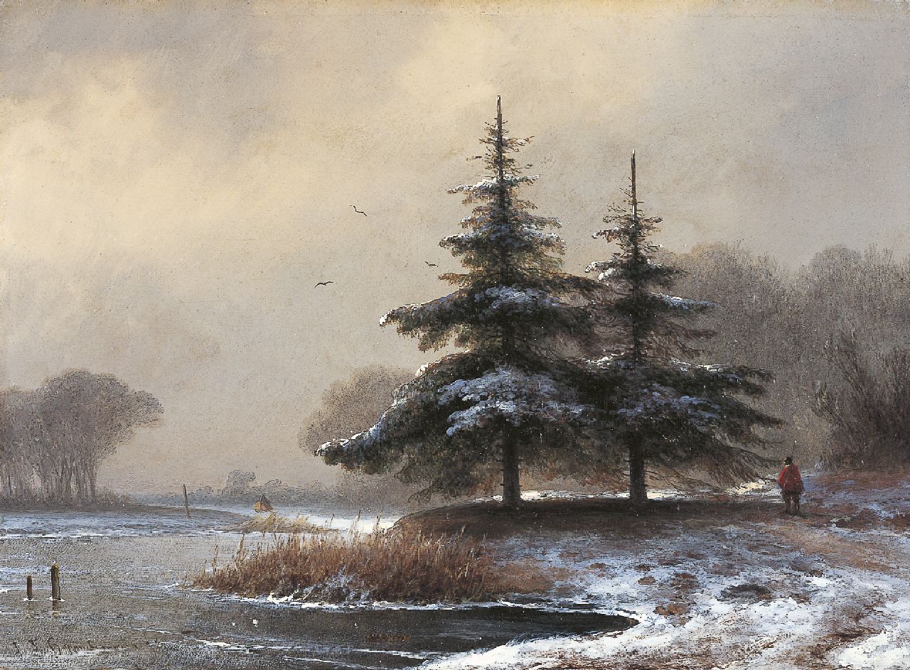 Hoppenbrouwers J.F.  | Johannes Franciscus Hoppenbrouwers, A snow-covered landscape, Öl auf Holz 21,5 x 29,0 cm, signed l.l.