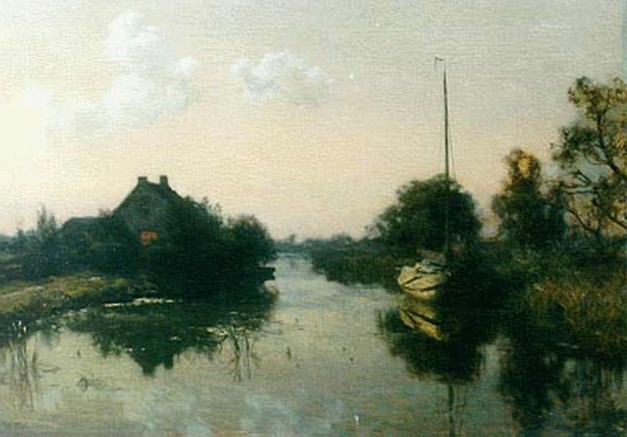 Tholen W.B.  | Willem Bastiaan Tholen, Evening twilight with a moored boat, the 'Eudia', Öl auf Leinwand 71,2 x 102,3 cm, signed l.l.
