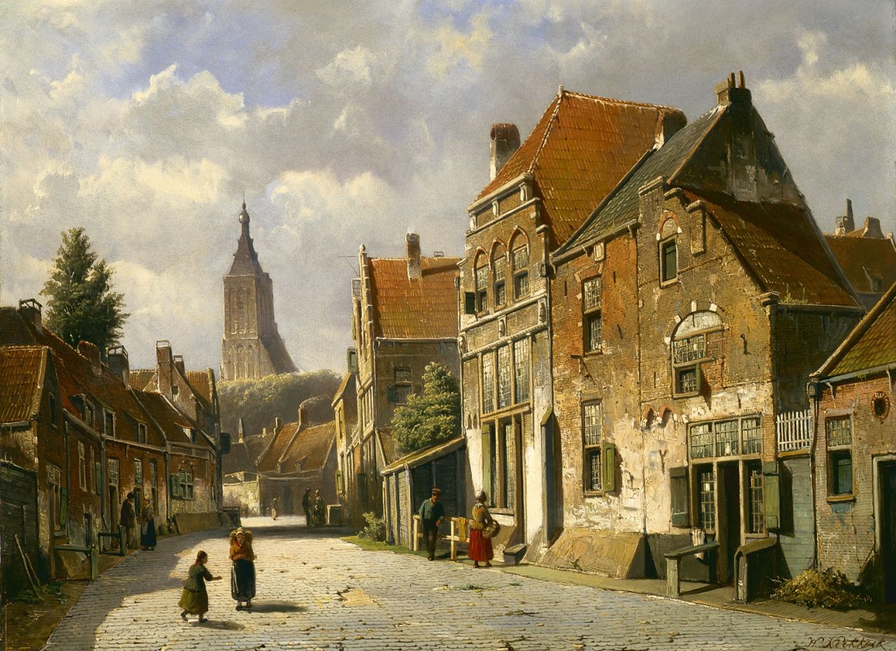 Koekkoek W.  | Willem Koekkoek, A sunlit street in a Dutch town, Öl auf Holz 47,8 x 65,0 cm, signed l.r.