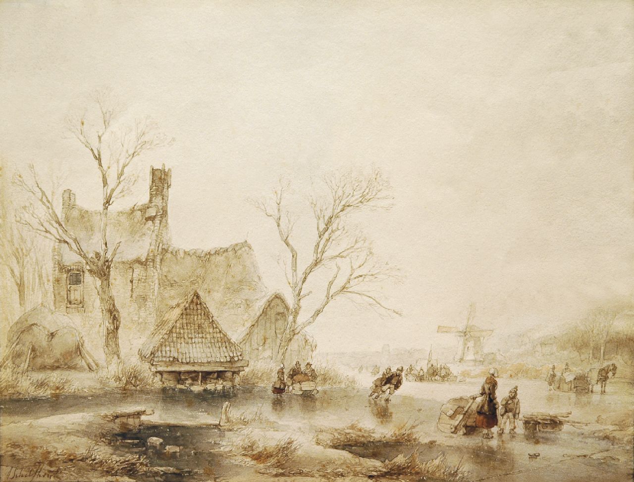Schelfhout A.  | Andreas Schelfhout, Skaters in a winter landscape, Bleistift, Pinsel in brauner und schwarzer Tinte auf Papier 24,5 x 30,2 cm, signed l.l.