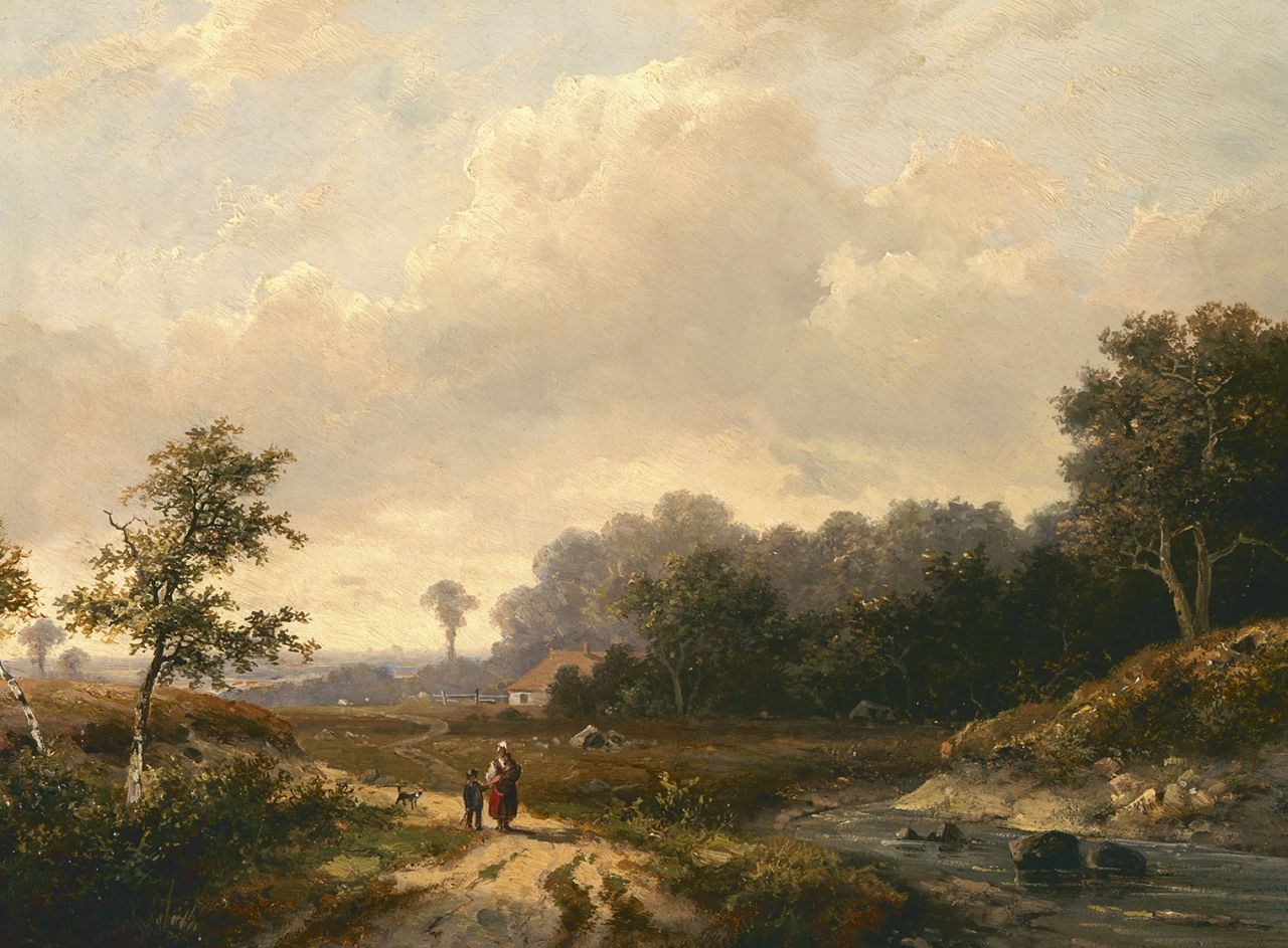 Koekkoek P.H.  | Pieter Hendrik 'H.P.' Koekkoek, Spaziergang durch die Panoramalandschaft, Öl auf Holz 25,3 x 33,4 cm, signed l.c.