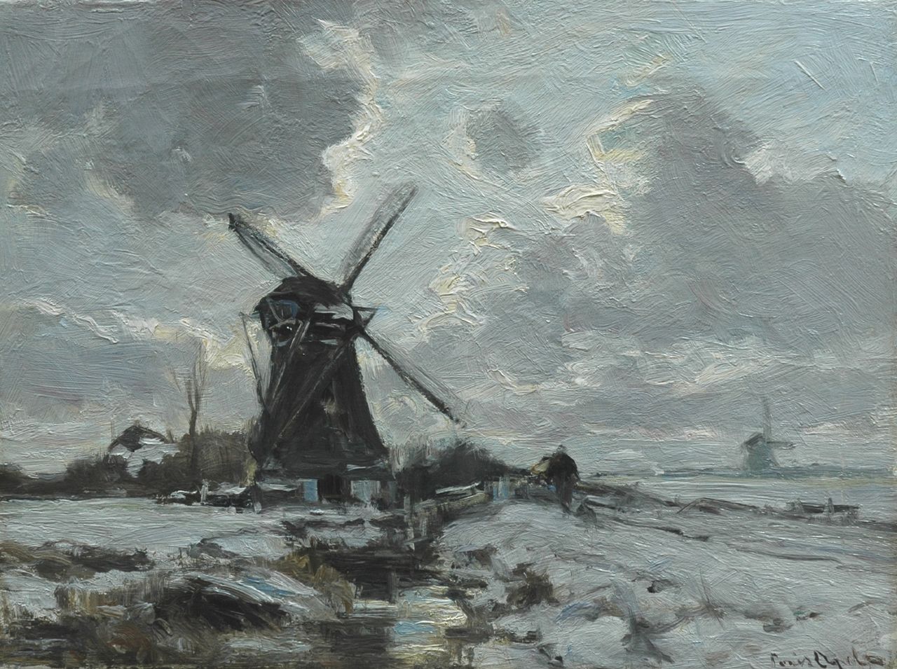 Apol L.F.H.  | Lodewijk Franciscus Hendrik 'Louis' Apol, A windmill in a snow-covered landscape, Öl auf Leinwand 30,5 x 40,6 cm, signed l.r.