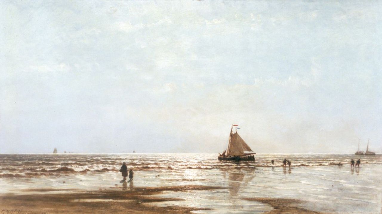 Hoffmann G.J.  | Georges Johannes Hoffmann, Along the coastline at sunset, Öl auf Holz 50,3 x 89,0 cm, signed l.l. und dated 1873