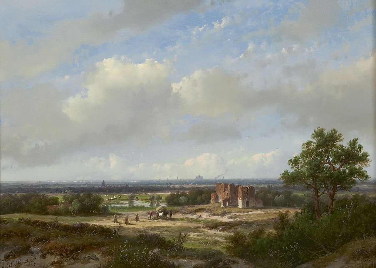 Schelfhout A.  | Andreas Schelfhout, Panoramische Landschaft mit Silhouette von Haarlem und der Ruine von Brederode, Öl auf Holz 28,4 x 39,1 cm, Unterzeichnet l.u. und datiert '50