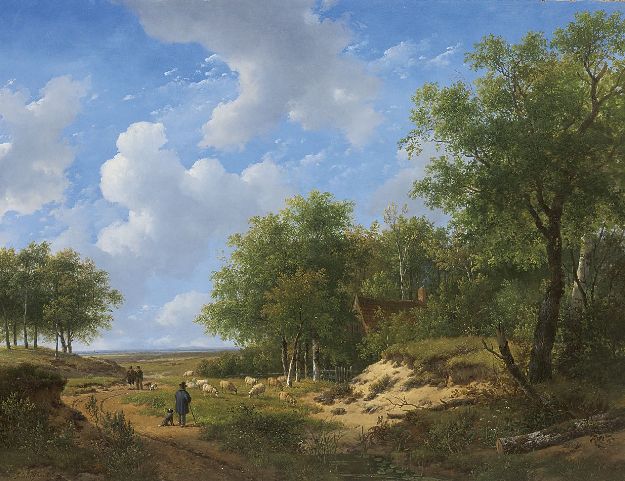 Schelfhout A.  | Andreas Schelfhout, Heathland with a shepherd and his flock, Öl auf Holz 53,1 x 68,9 cm, signed l.l.