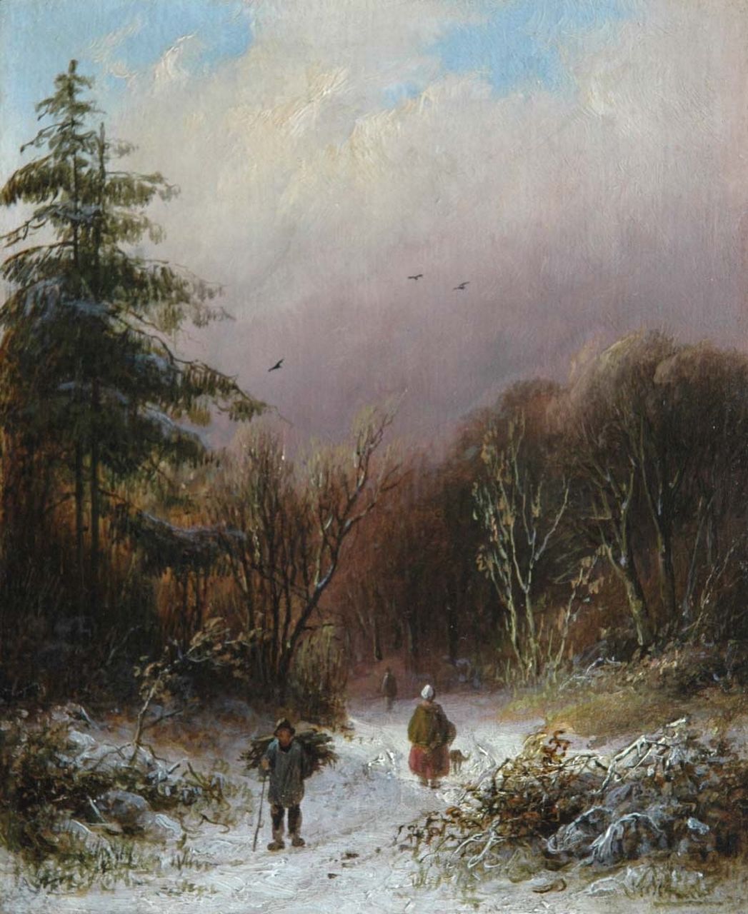 Daiwaille A.J.  | Alexander Joseph Daiwaille, A wood gatherer in a winter landscape, Öl auf Holz 16,3 x 13,4 cm