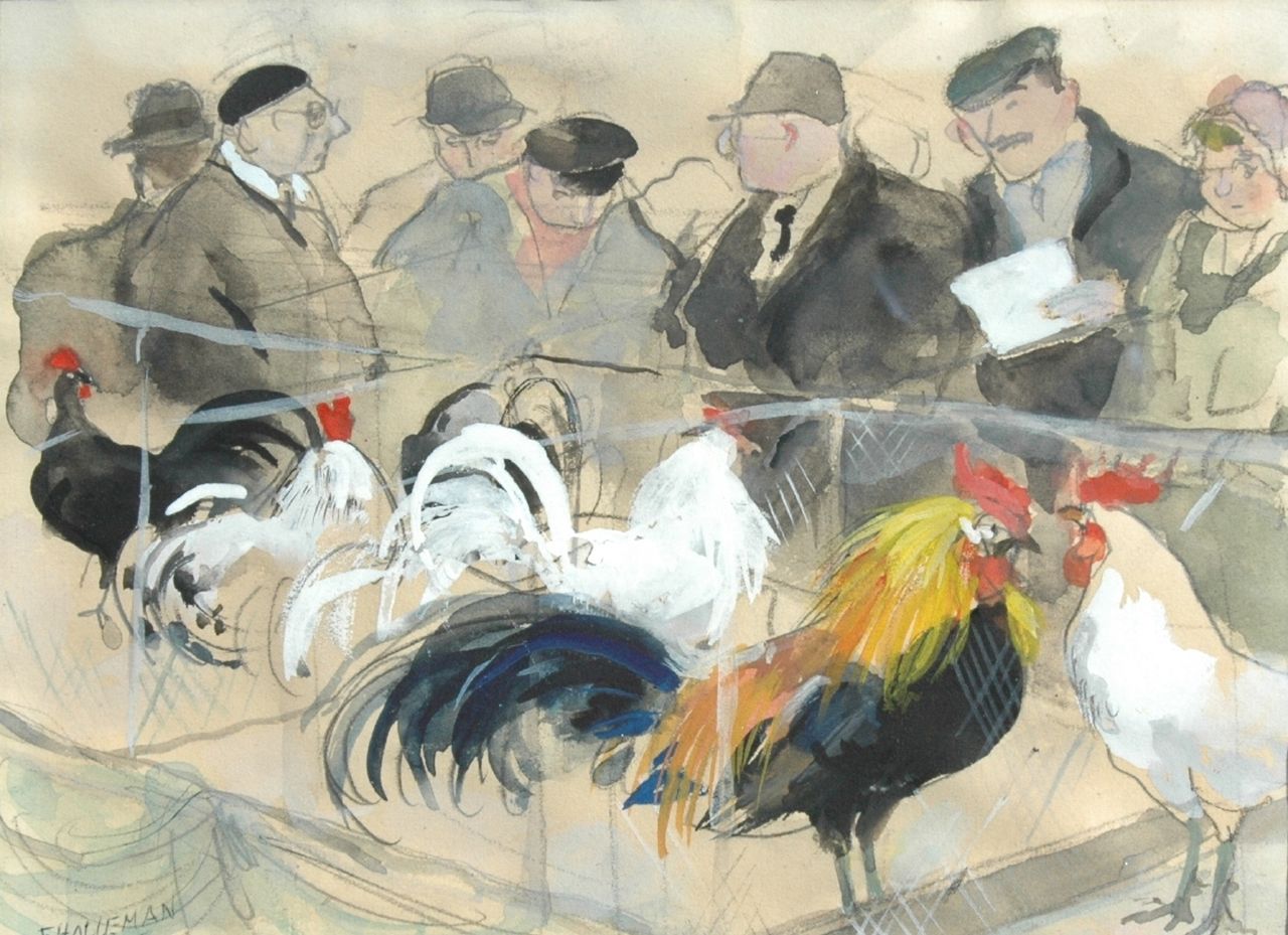 Holleman F.  | Frida Holleman, Exhibition of Avicultura, Bleistift, Aquarell und Gouache auf Papier 11,8 x 15,5 cm, signed l.l.