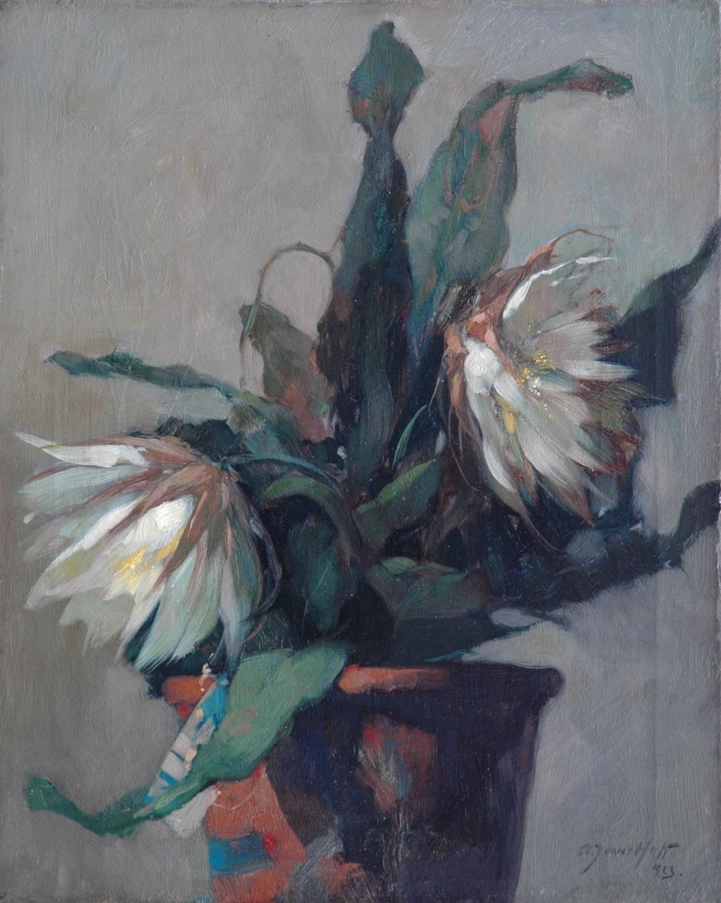 Hoff A.J. van 't | Adrianus Johannes 'Adriaan' van 't Hoff, A blooming cactus in an earthenware pot, Öl auf Leinwand 50,3 x 40,5 cm, signed l.r. und dated 1923