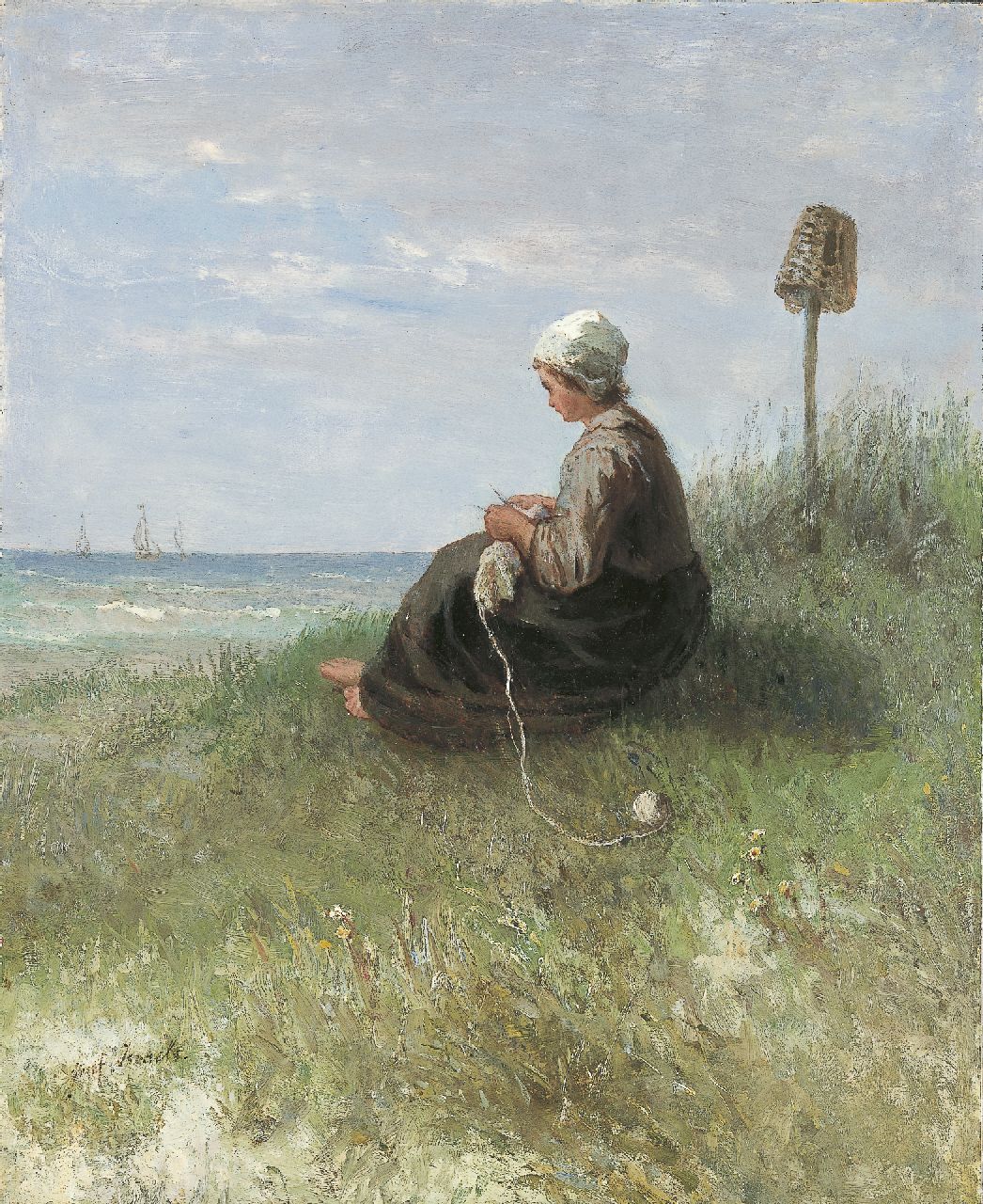 Israëls J.  | Jozef Israëls, A girl knitting in the dunes, Öl auf Holz 44,2 x 36,1 cm, signed l.l.