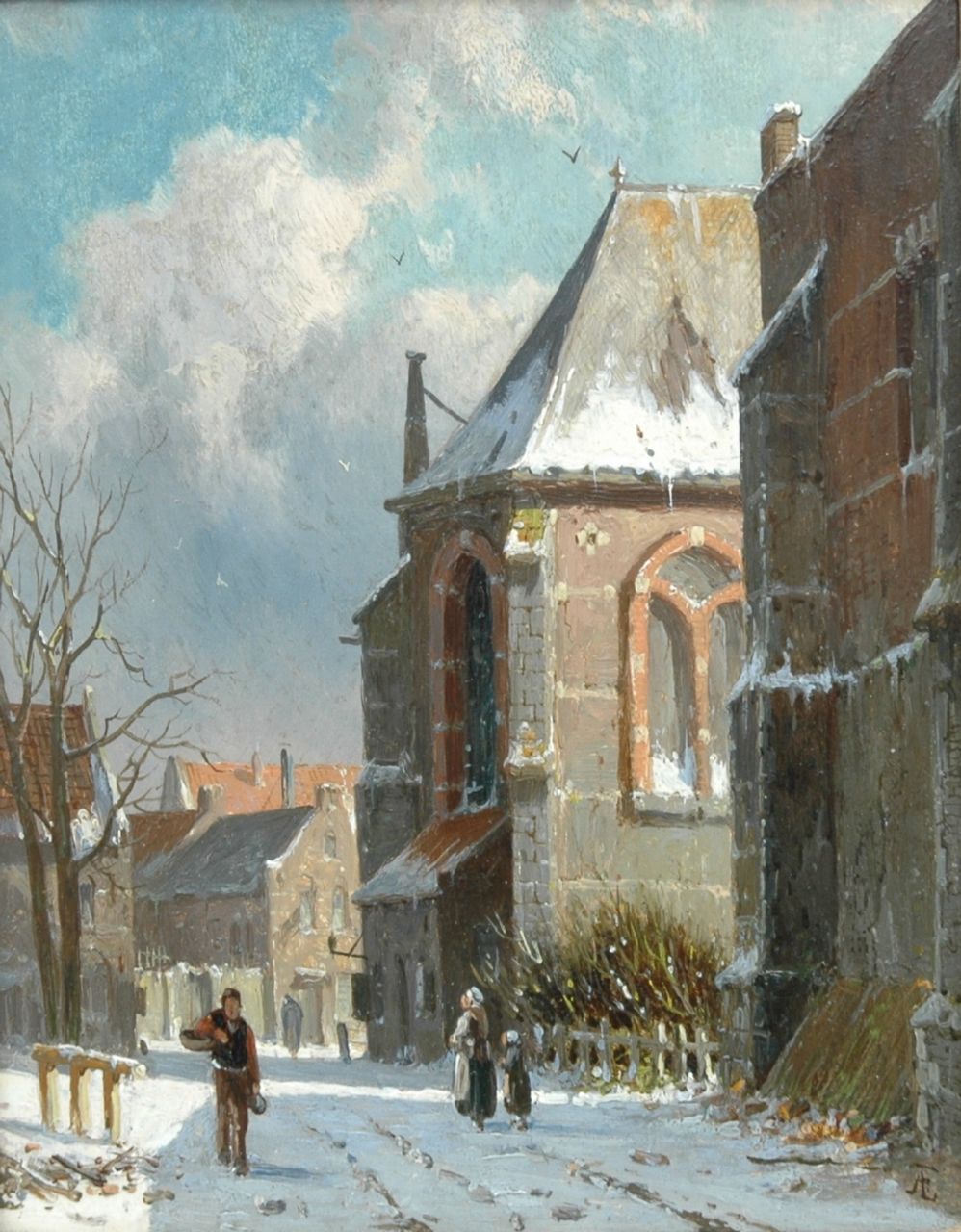 Eversen A.  | Adrianus Eversen, A snowy street, Öl auf Holz 19,0 x 14,4 cm, signed l.r. with monogram