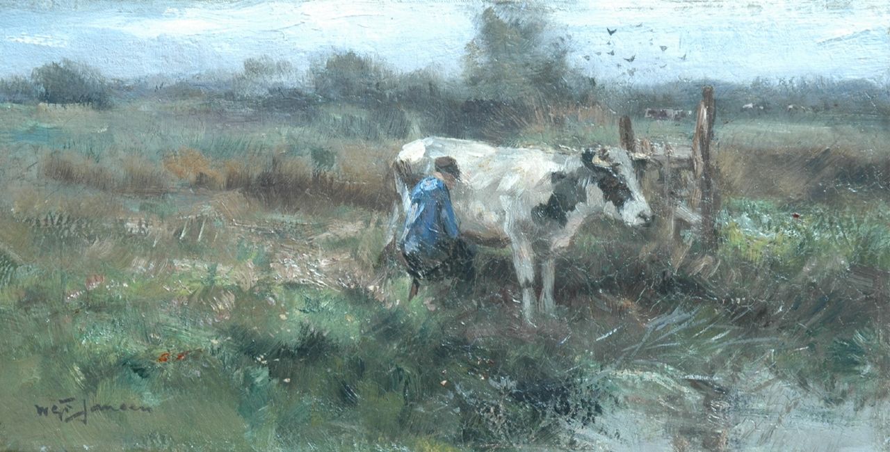 Jansen W.G.F.  | 'Willem' George Frederik Jansen, A farmer milking a cow, Öl auf Leinwand 20,5 x 40,2 cm, signed l.l.