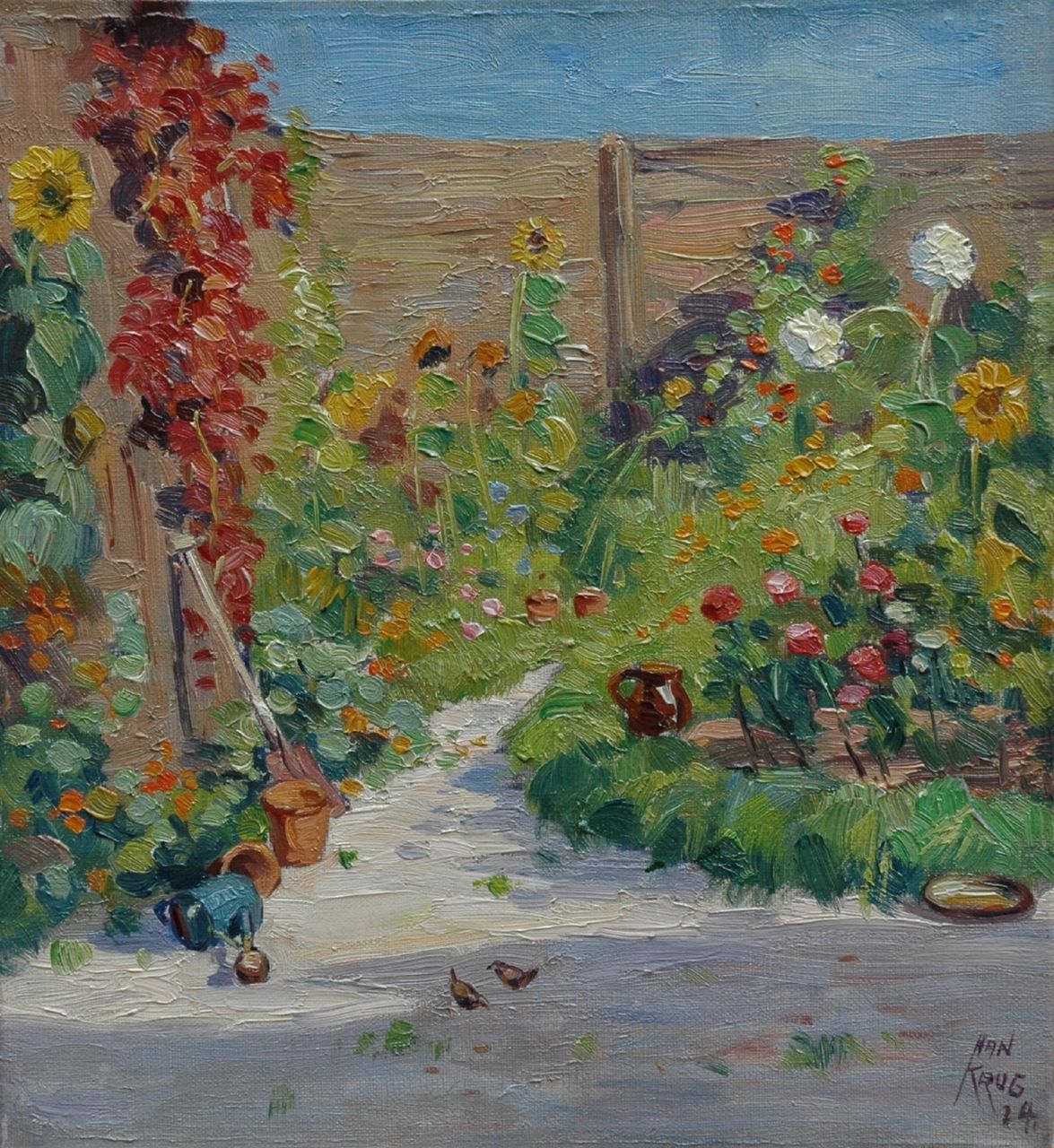 Krug J.  | Johannes 'Han' Krug, Flowering garden, 'Begoniastraat', The Hague, Öl auf Leinwand 33,0 x 30,3 cm, signed l.r. und dated '24