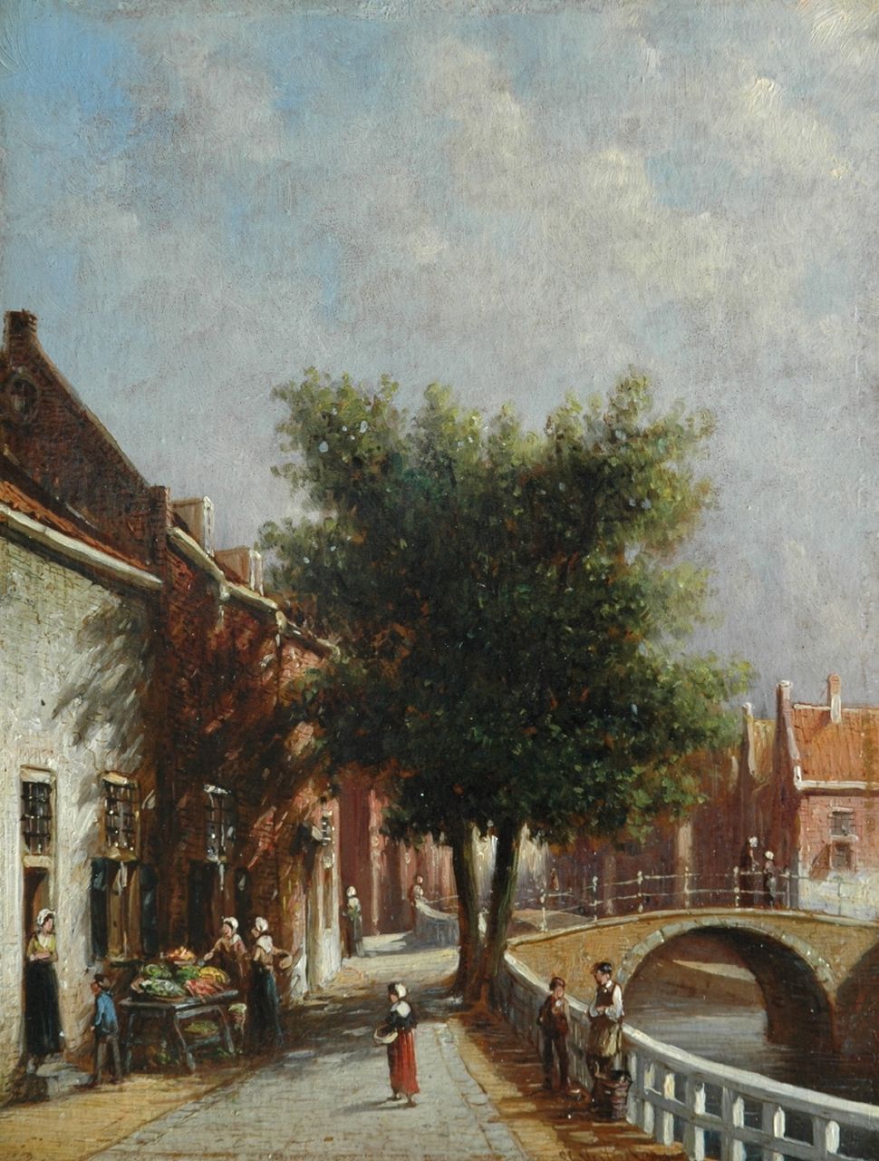 Vertin P.G.  | Petrus Gerardus Vertin, A town view with vegetable stall, Öl auf Holz 25,0 x 19,0 cm, signed r.c.
