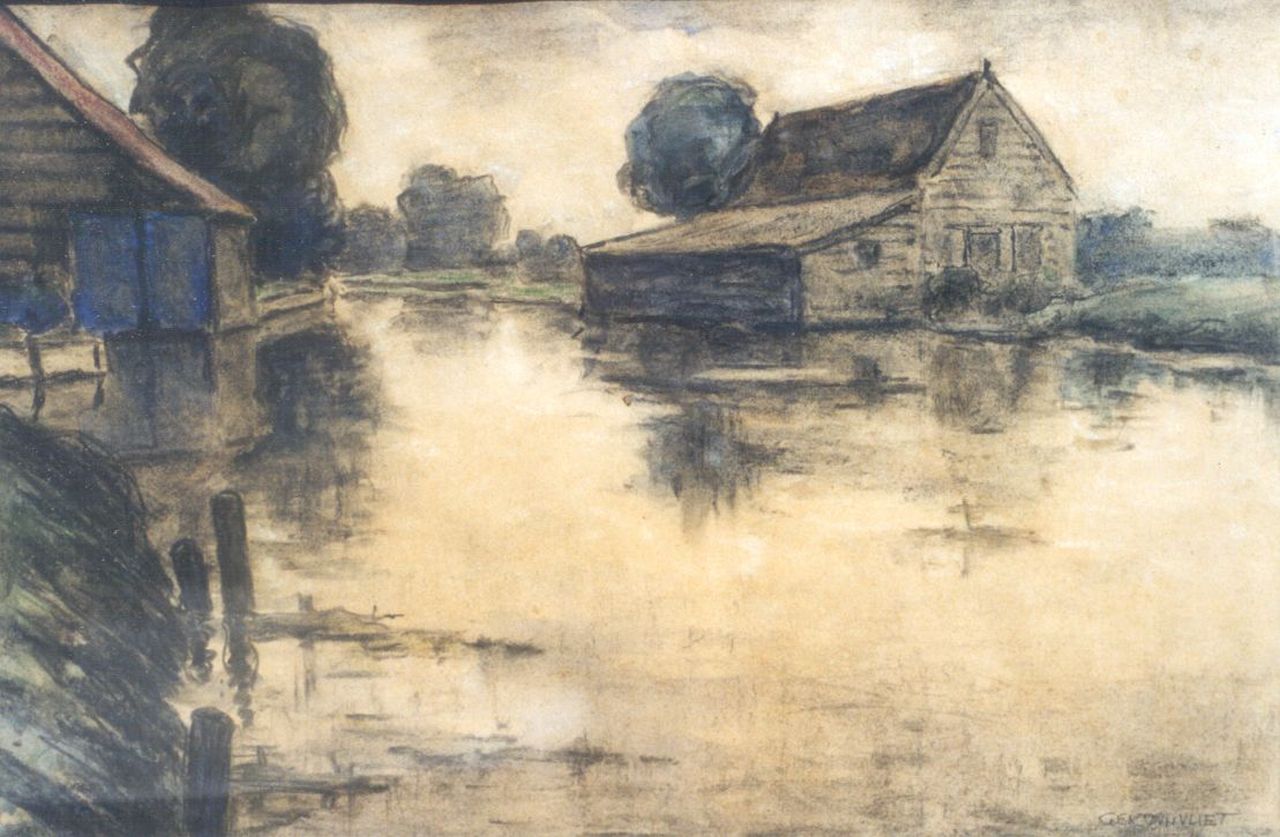 Ger van Vliet | Boathouses, Schwarze Kreide und Aquarell auf Papier, signed l.r.