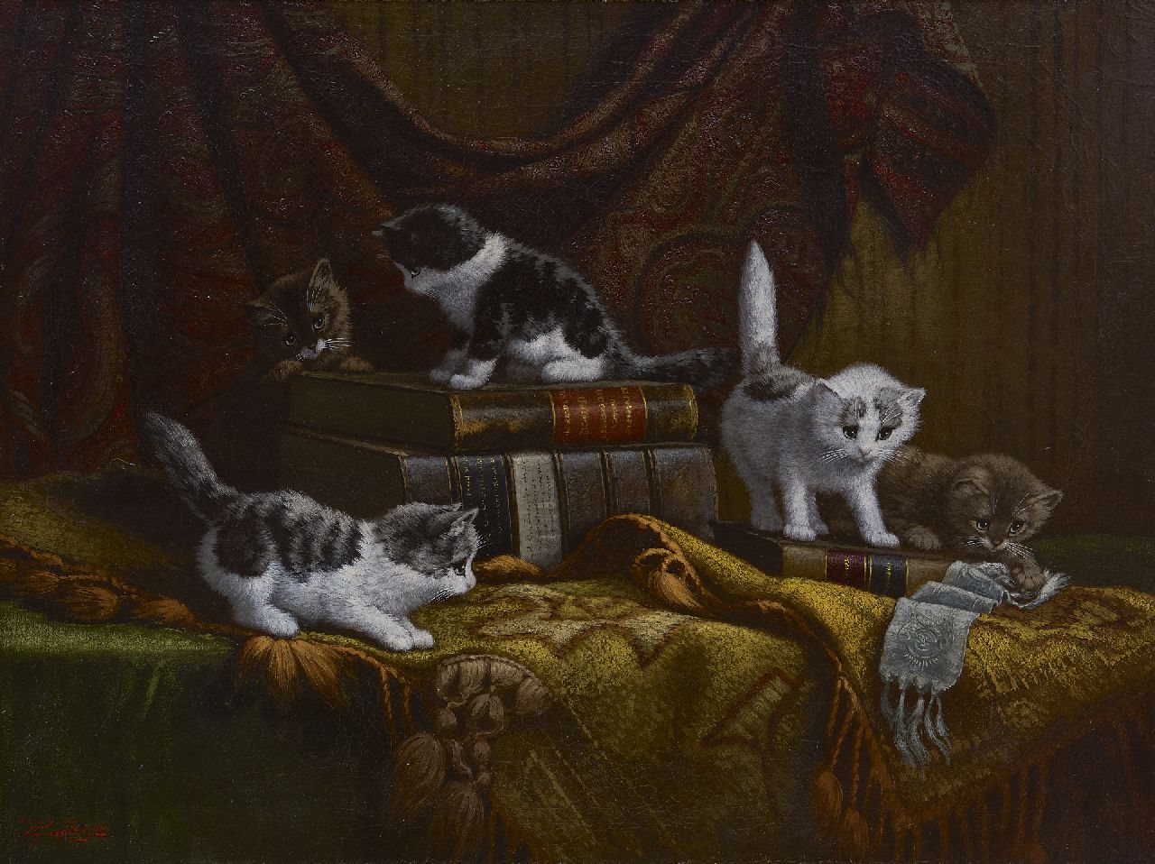 Raaphorst C.  | Cornelis Raaphorst, Kätzchen, zwischen wertvollen Büchern spielend, Öl auf Leinwand 60,2 x 80,0 cm, Unterzeichnet l.u.