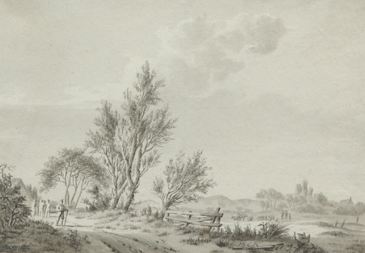 Koekkoek B.C.  | Barend Cornelis Koekkoek, Summer landscape with travellers, Feder und  gewaschene Tinte auf Papier 14,0 x 19,9 cm, signed c.r.