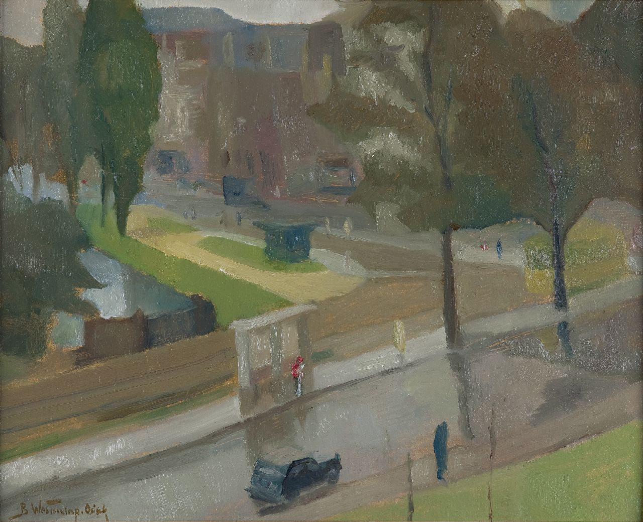 Westendorp-Osieck J.E.  | Johanna Elisabeth 'Betsy' Westendorp-Osieck, Ansicht auf den Valeriusplatz Amsterdam (von der Werkstatt der Malerin aus), Öl auf Holzfaser 40,4 x 50,5 cm, Unterzeichnet l.u.
